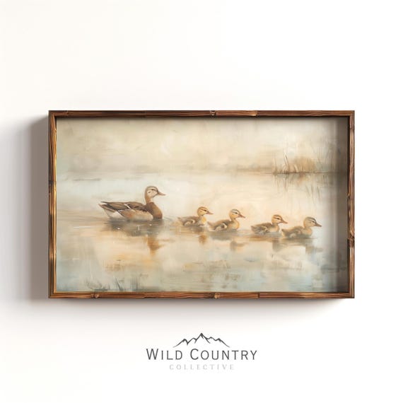 Four Little Ducklings Painting, Duck Nursery Art Print, Mama Mallard Duck Painting, Vintage Woodland Animal Wall Art, Bird Hunter Gift