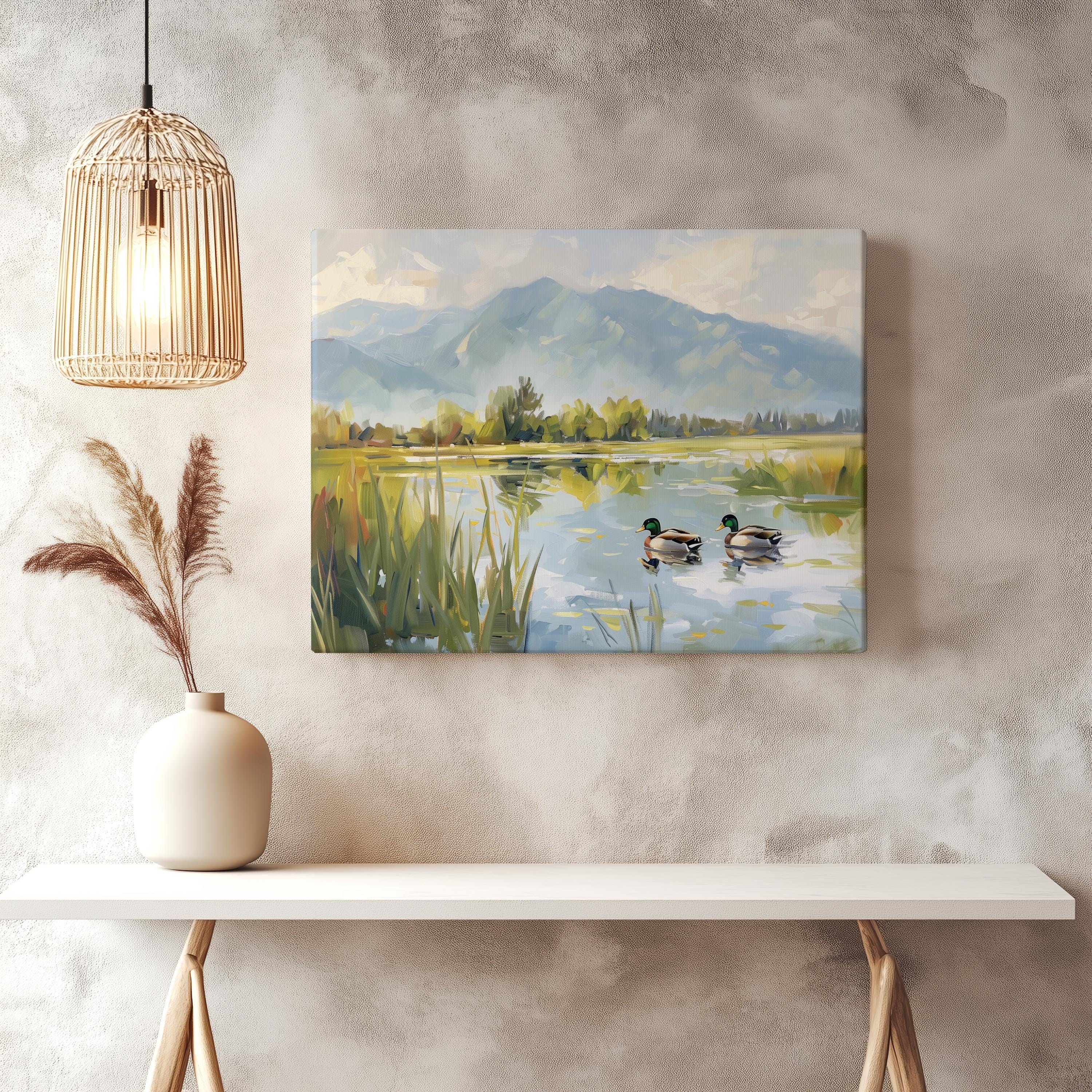 レトロなマガモのマットキャンバス、アヒルの子供部屋の壁アート