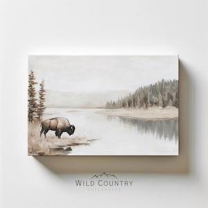 American Bison Painting Print on Canvas, Western Bison Decor, Vintage Buffalo Matte Canvas, Wildlife Wall Art, River Landscape Wall Art