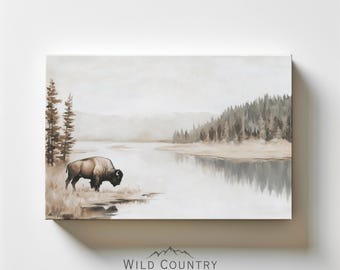 American Bison Painting Print on Canvas, Western Bison Decor, Vintage Buffalo Matte Canvas, Wildlife Wall Art, River Landscape Wall Art