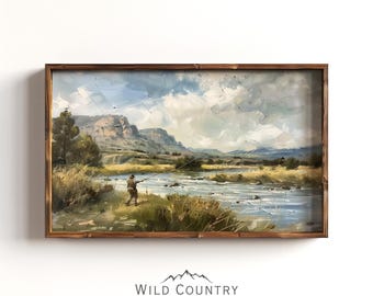 Vintage Fly Fishing Oil Painting, River Landscape Poster Print, Montana Art, Fly Fishing Wall Decor, Fishing Gift, Boys Bedroom Wall Art
