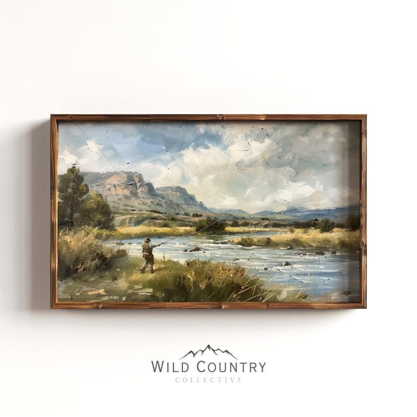 Vintage Fly Fishing Oil Painting, River Landscape Poster Print, Montana Art, Fly Fishing Wall Decor, Fishing Gift, Boys Bedroom Wall Art