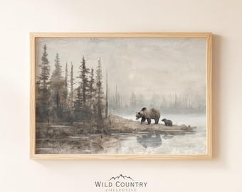Vintage Mama Bear Oil Painting, Woodland Nursery Decor, New Baby Gift, Bear Cub Poster Print, Kids Room Art, Brown Bear Nursery Wall Art