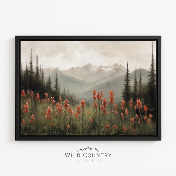 Framed Indian Paintbrush Canvas Montana Wildflower Scenic Painting Indian Paintbrush Wildflower Wall Art Framed Canvas Large Mountain Print
