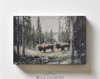 Vintage Buffalo Matte Canvas, Forest Landscape Wall Art, Western Bison Decor, Wildlife Wall Art, American Bison Painting Print on Canvas