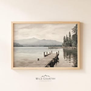 Cuadro imprimible de un lago junto al muelle, arte mural vintage con vista al lago, decoración de una casa en el lago, impresión de un paisaje de lago tranquilo, cuadro de montaña de Montana