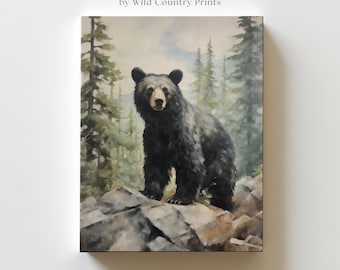 Black Bear Canvas Print Large Bear Wall Art Wildlife Print Black Bear Painting Canvas Wall Art Forest Decor Rustic Cabin Art Montana Animal