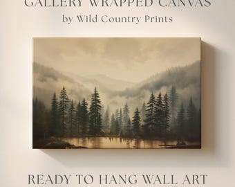 Pine Tree Wall Art Canvas Nature Print Forest Mountain Landscape Painting Pine Tree Print Vintage Cabin Wall Decor Moody Forest Lake Artwork