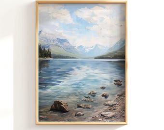 Printable Vintage Lake Painting, Glacier National Park Wall Art, Montana Oil Painting, Rustic Lake House Decor, Beautiful Mountain Painting