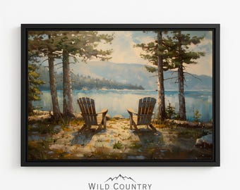 Framed Adirondack Art Canvas Vintage Lake Painting Canvas Wall Art Nature Painting for Lake House Wall Decor Mountain Lake Print Cabin Decor
