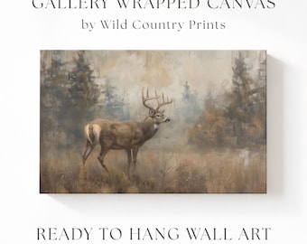 Lone Buck canvasafdruk, rustiek herten landschap mat canvas, antieke boskunst, man Cave jacht decor, cabine kunst aan de muur, vintage boskunst