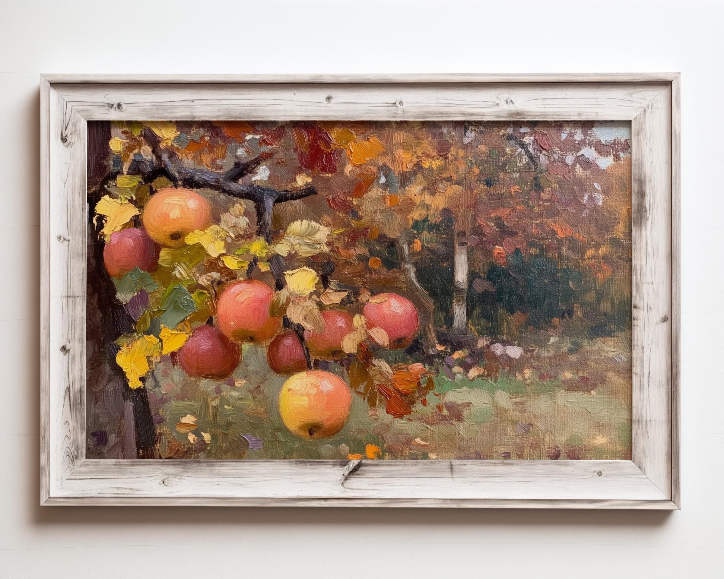 リンゴ園の風景画アートプリント、秋の風景画ウォールアート