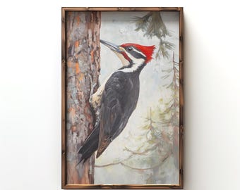 Vintage Pileated Woodpecker Art Print, Stunning Painting of Majestic Bird on Pine Tree, Nature Wall Decor, Perfect Gift for Bird Lovers