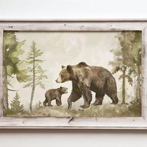 a painting of a bear and cub walking through a forest