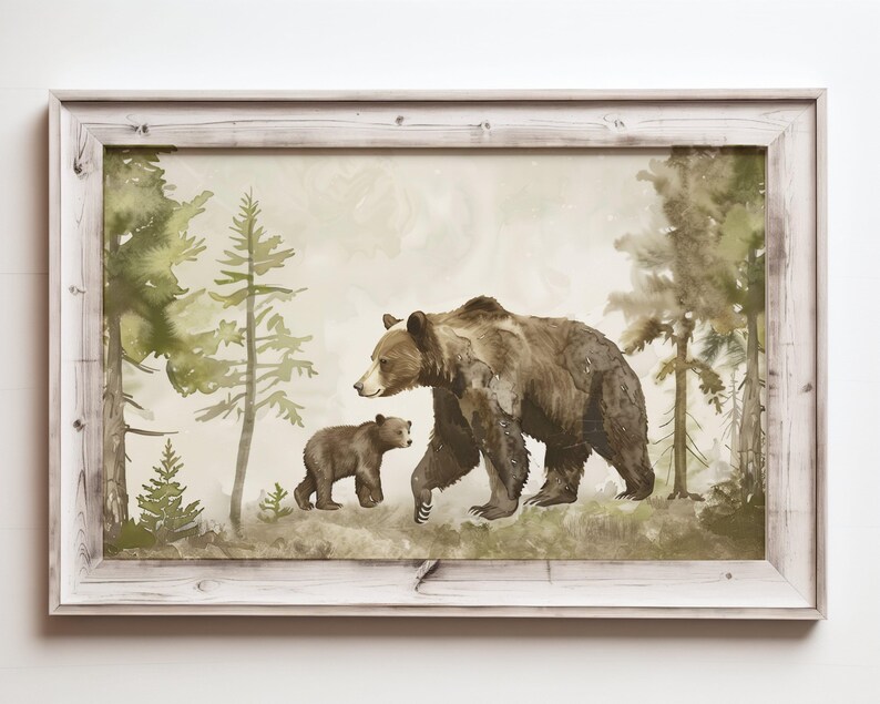 a painting of a bear and cub walking through a forest