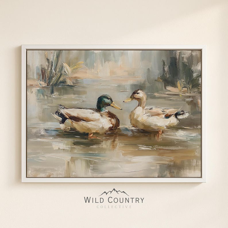 The image is a painting of two ducks swimming in a body of water, with a natural, serene background.