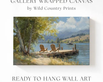 Quadro em tela com imagem de um lago calmo, píer e pintura de um lago em Montana para decoração de parede, ideal para sala de estar ou cabana. Impressão de píer para barcos e cadeira Adirondack.