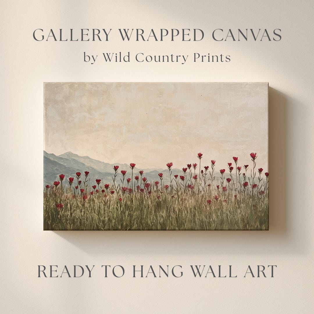 素朴な赤い花の絵画、キャンバスに描かれたヴィンテージの野花の