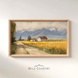 Impresión de pintura al óleo de paisaje de cabaña, decoración de pared otoñal, arte mural de temporada otoñal, impresión de póster de paisaje de montaña, decoración de granja vintage