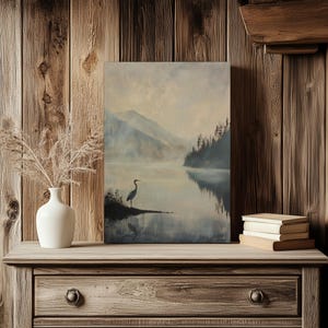 Great Blue Heron Art Print, Dark Vintage Art Print, Rustic Cabin Decor, Muted Lake Painting, Rustic Mountain Wall Art, Heron Bird Painting imagen 20