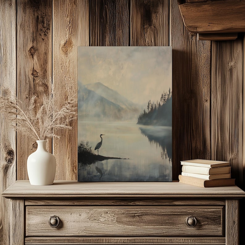 Great Blue Heron Art Print, Dark Vintage Art Print, Rustic Cabin Decor, Muted Lake Painting, Rustic Mountain Wall Art, Heron Bird Painting imagen 20