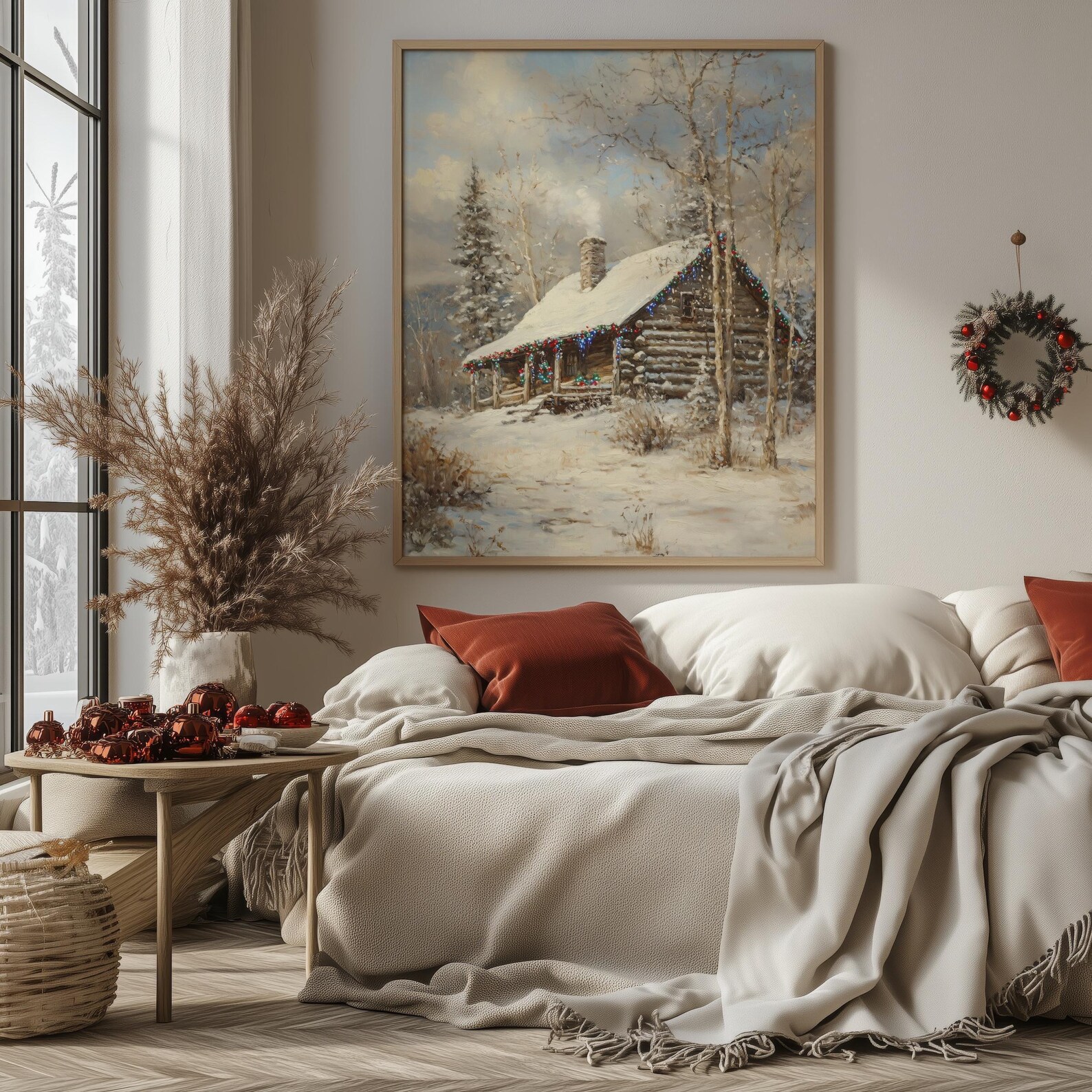 Printable Winter Wonderland Cabin Art, Vintage Winter Landscape, Log ...