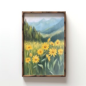 Yellow Flower Field Painting, Arrowleaf Balsamroot Art Print, Moody Forest Print, Vintage Floral Painting, Pine Tree Wall Art, Mountain Art