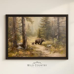Framed Bear Art Nursery Decor Mama Bear Painting Grizzly Wall Art Family Painting Cub Vintage Wall Decor Forest Print Baby Animal Wall Art