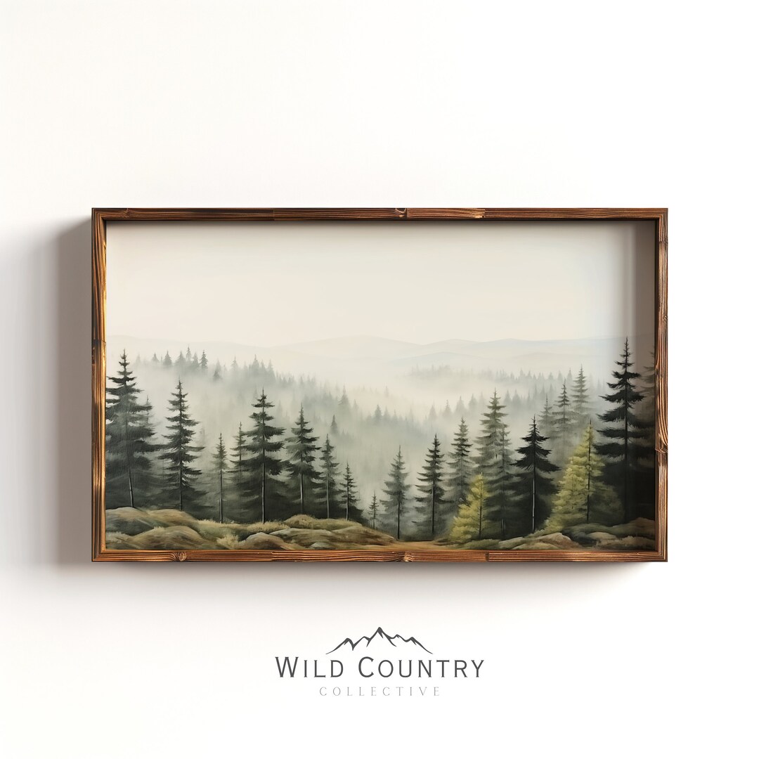 Printable Evergreen Pines Wall Art, Evergreen Print, Vintage Pine Forest Tree Painting, Muted ...