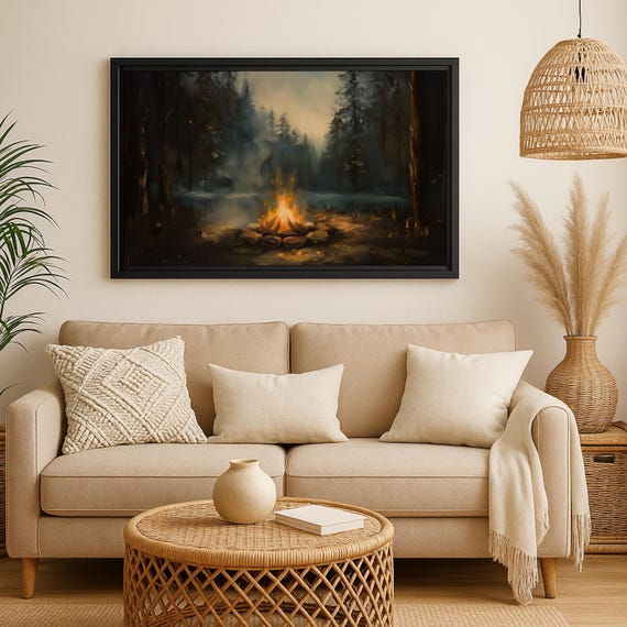 Framed Camping Art Print Moody Campfire Painting Vintage Forest