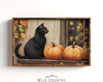 Schattige zwarte kat print, pompoen schilderij print, herfst boerderij decor, halloween herfst kunst aan de muur, vintage kat schilderij, rustieke herfst print