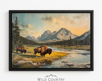 Framed Yellowstone Art Bison Painting Rustic Western Art Canvas Buffalo Wall Art Yellowstone Mountain Landscape Bison Print Canvas Wildlife