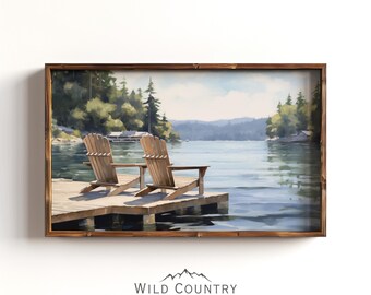 Adirondack Chairs Poster, Cabin Decor, Lake View Painting, Pine Tree Print, Montana Painting, Mountain Wall Art, Vintage Lake Landscape Art