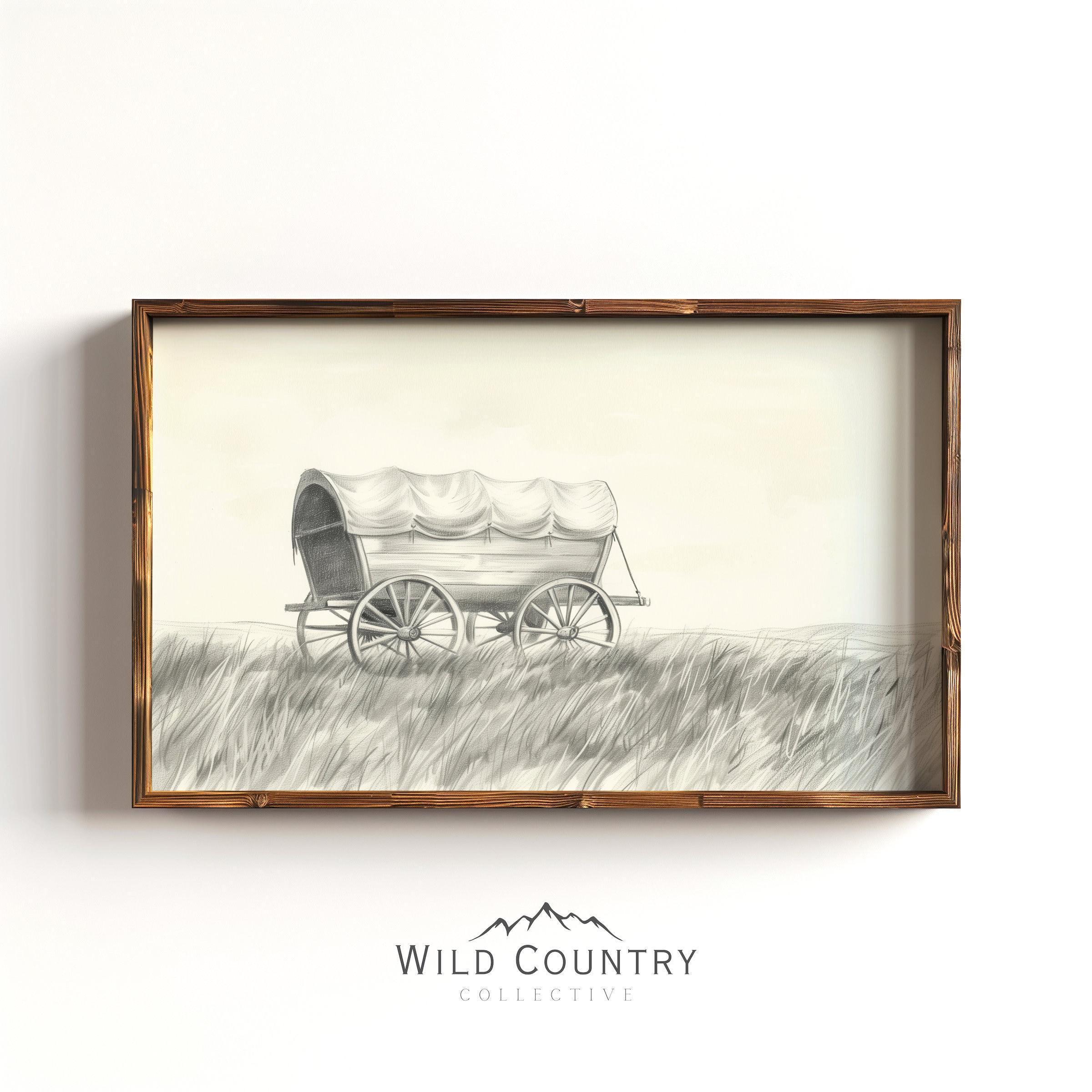Wild West Sketch Drawing, Covered Wagon Art Print, Vintage Farmhouse Art, Rustic Wall Decor, Western Sketch Wall Art, Countryside Print