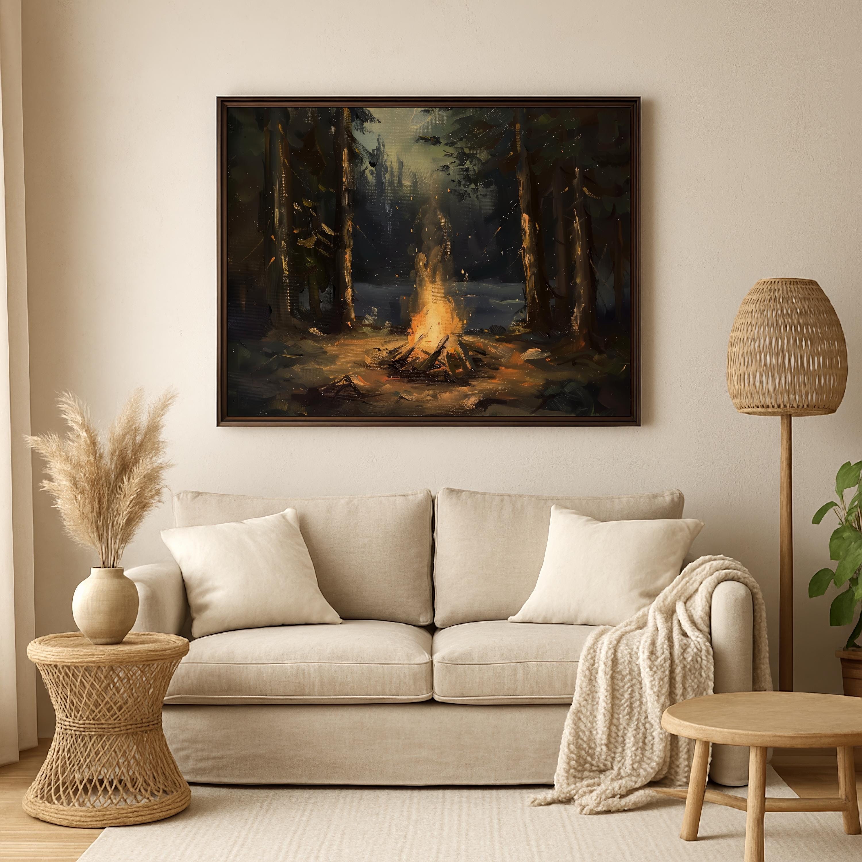 Framed Campfire Artwork Wilderness Painting Vintage Campfire