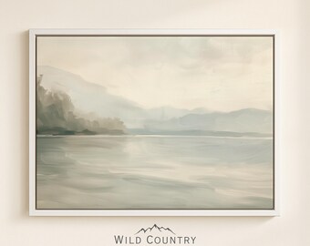 Framed Muted Lake Painting Canvas Vintage Lake House Decor for Bedroom Cabin Wall Decor Rustic Large Canvas Wall Art Lake Mountain Landscape