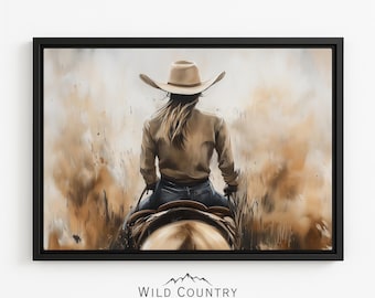 Stampa artistica su tela incorniciata con ragazza western e cavallo, arte da parete western, decorazione incorniciata con ragazza western, dipinto di cavallo, arte da ranch, immagine di grande rodeo