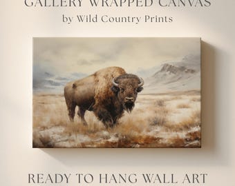 Vintage buffel mat canvas, Amerikaanse bizon olieverfschilderij print op canvas, westerse bizon decor, kunst aan de muur wilde dieren, berglandschapskunst