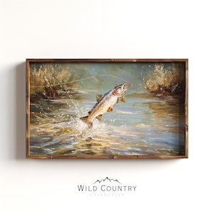 Vintage poisson truite peinture rustique pêche à la mouche art mural pour garçon chambre poisson décor chambre d'enfant Art garçon cadeau pour pêcheur cabane Lake House Decor