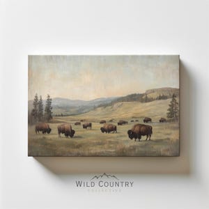 Vintage Buffalo Matte Canvas, Mountain Landscape Wall Art, Western Bison Decor, Wildlife Wall Art, American Bison Painting Print on Canvas