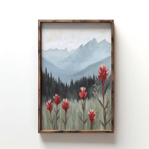 Indian Paintbrush Wildflowers, Moody Wall Art, Mountain Wall Art, Floral Painting, Red Wildflower Art Print, Vintage Indian Paintbrush Print