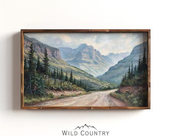 Vintage Glacier National Park Oil Painting, Going to the Sun Road Scenic Art, Iconic American Landscape Wall Decor, National Park Poster Art