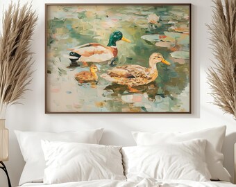アヒルの家族の絵画 マガモの壁アート オスとメスのアヒルのプリント