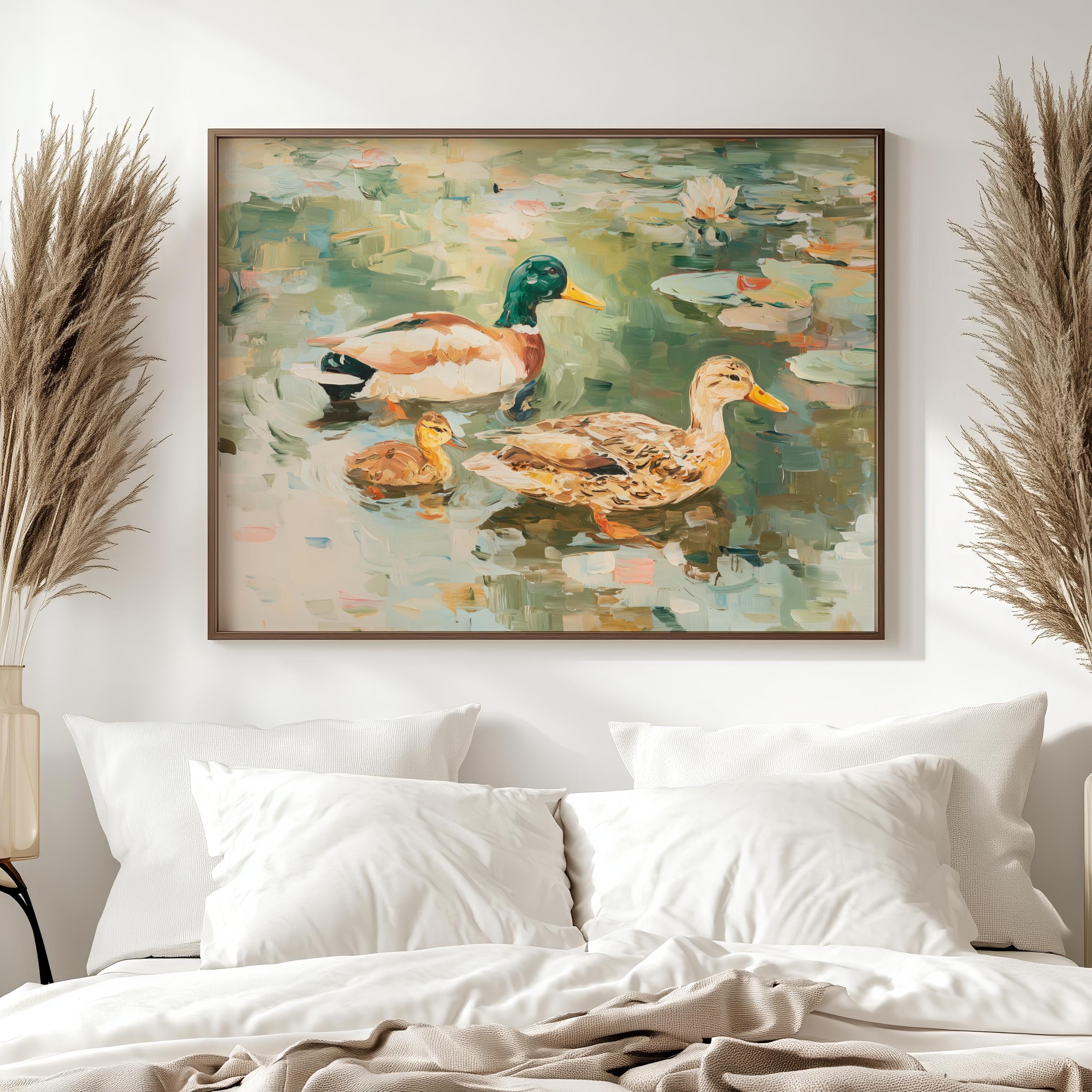アヒルの家族の絵画 マガモの壁アート オスとメスのアヒルのプリント