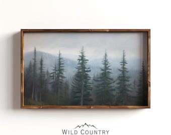 Art mural forêt mystique imprimable, impression de mauvaise humeur, paysage naturel vintage, peinture à l'huile de pin à feuilles persistantes, art de la cabine, déco académique sombre