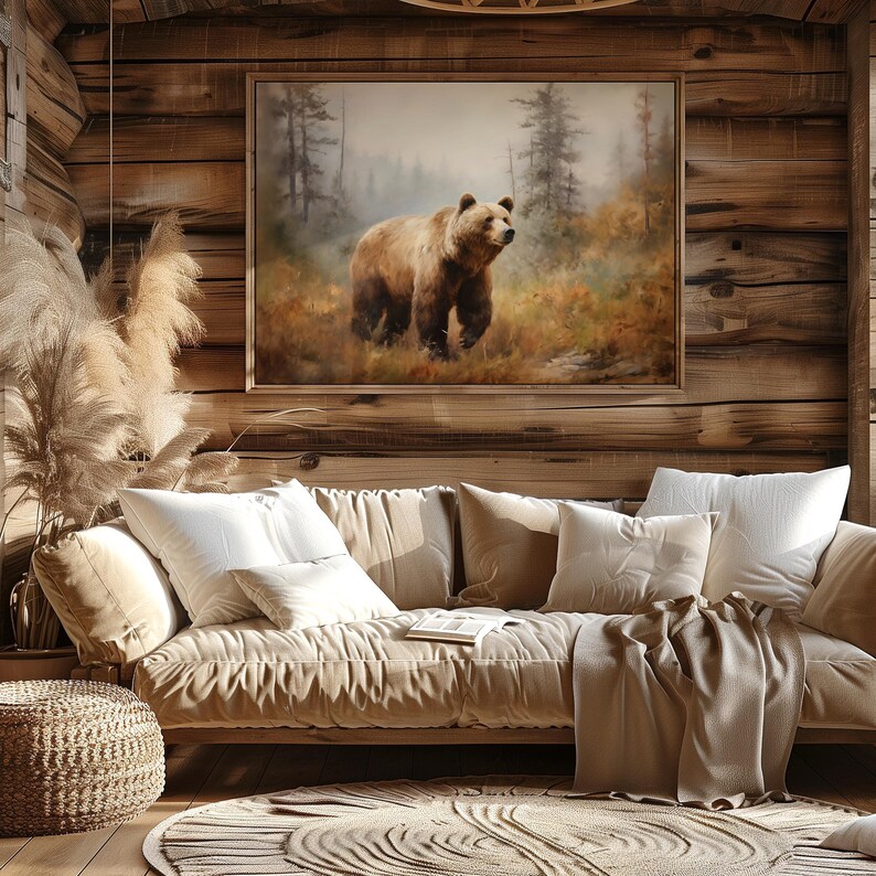 a living room filled with furniture and a painting on the wall