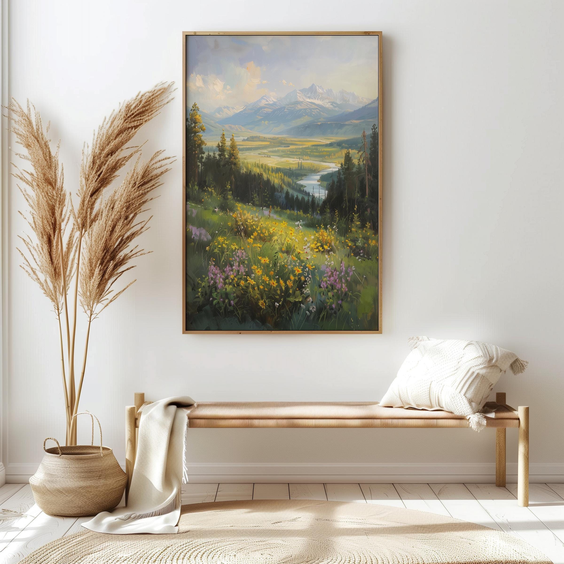 Abstract Wildflower Meadow Sunrise Wall Art Print - Vintage Rustic Landscape Poster 18x12 Inch