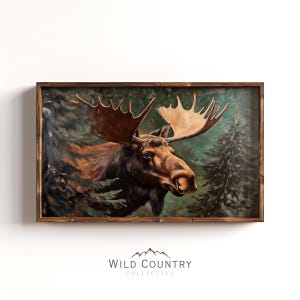 Vintage Hidden Moose Art Print Pine Forest Landscape Painting for Cabin Decor Woodland Nursery Decor Moose Wildlife Wall Art Rustic Art Gift
