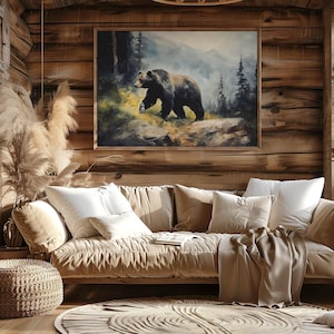 Rustikaler schwarzer Bär Poster Druck, Vintage Wald Wandkunst, rustikale Bär Ölgemälde, robuste Hütte Dekor, Waldtier Wandkunst