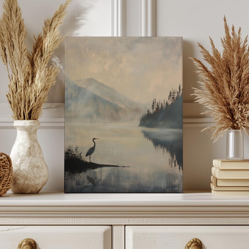Great Blue Heron Art Print, Dark Vintage Art Print, Rustic Cabin Decor, Muted Lake Painting, Rustic Mountain Wall Art, Heron Bird Painting imagen 15